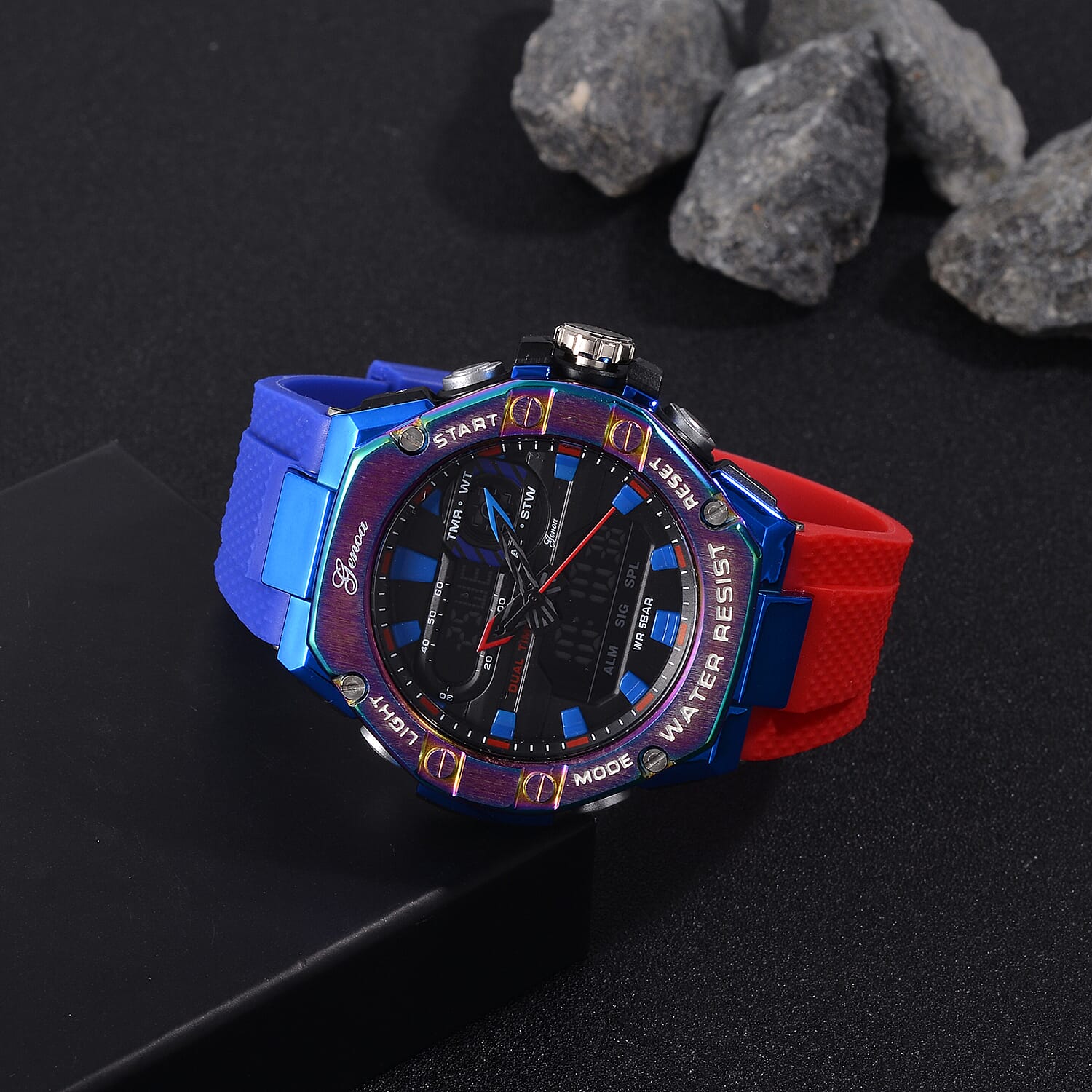GENOA TIME V2 Japanese Movt. 5ATM Water Resistant Black Dial Mens Watch with Red & Blue Tone TPU Strap